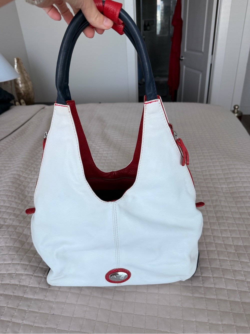 White and Red Women's Shoulder Bag with Black Handles